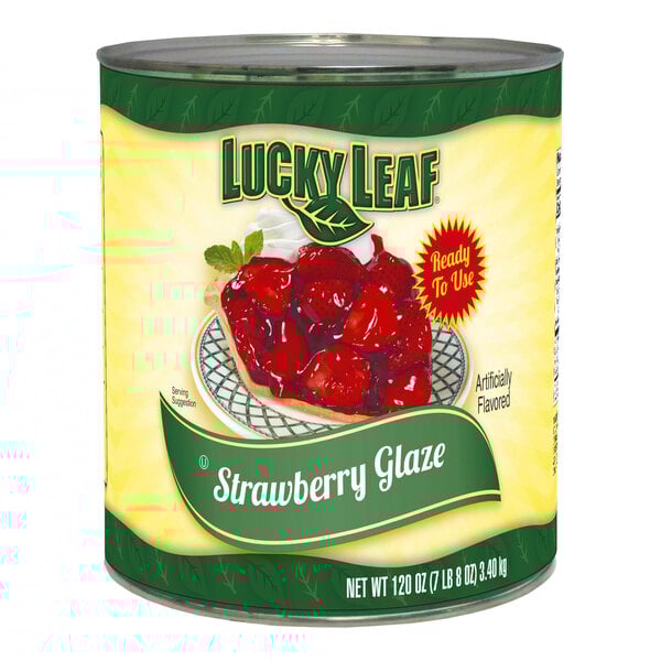 A case of 6 #10 cans of Lucky Leaf strawberry glaze.