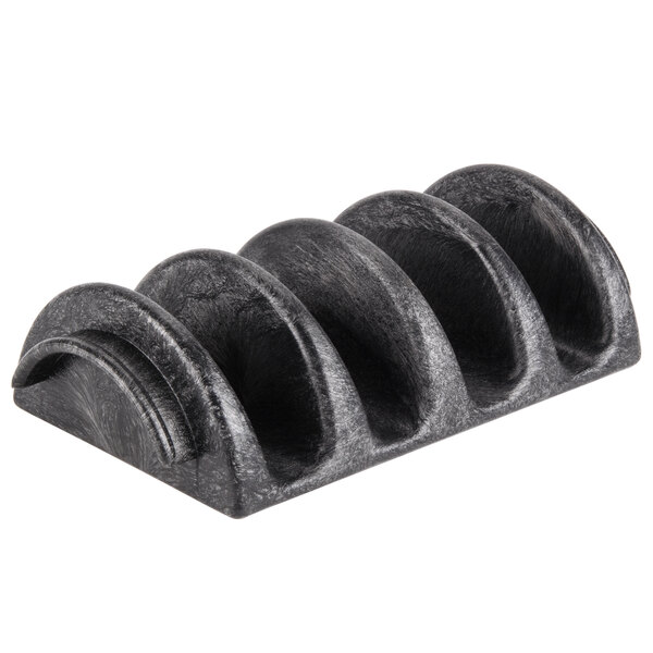 A black polyethylene taco server with four shell-shaped holders.