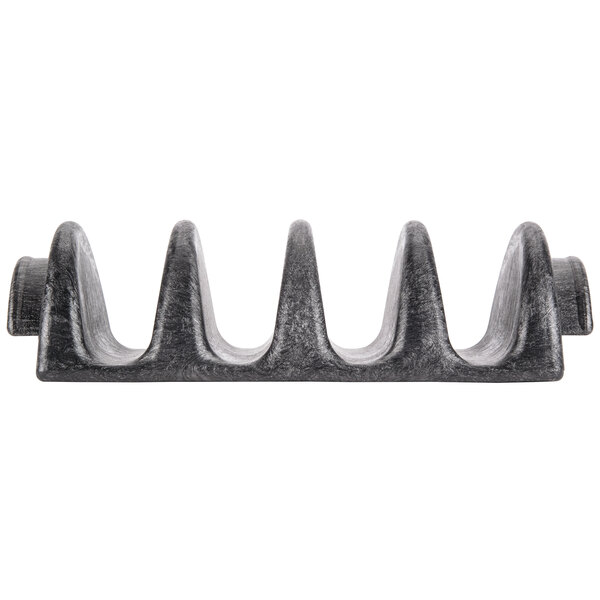 A black polyethylene taco server with 4 shell-shaped compartments.