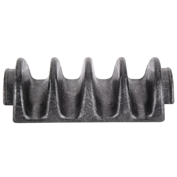 A black polyethylene taco server with four shell-shaped holders.