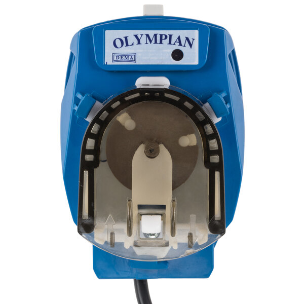 A blue and clear Dema Olympian dish machine sanitizer dispenser pump with a black cord.
