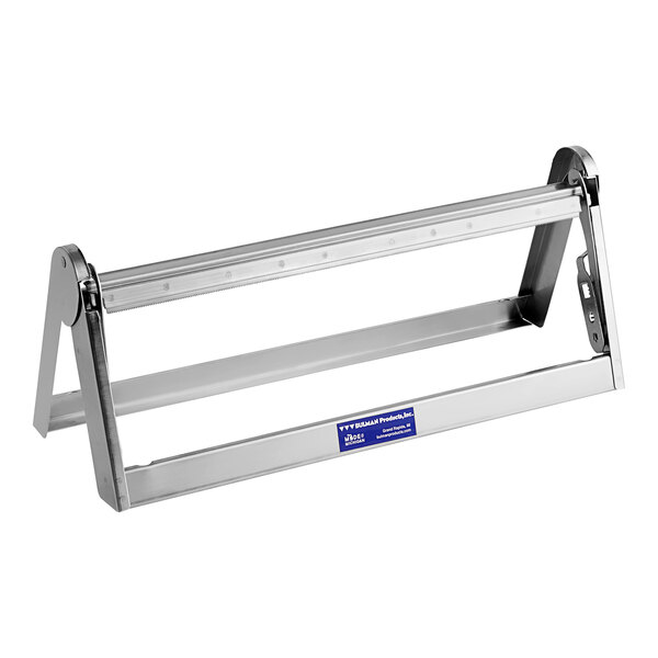 A Bulman stainless steel paper dispenser with a serrated blade on a metal stand.