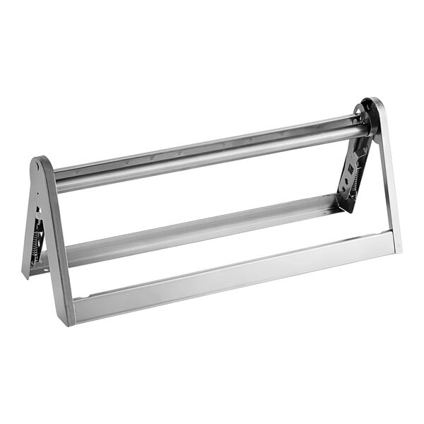 A Bulman stainless steel paper dispenser with a serrated blade on a metal stand.