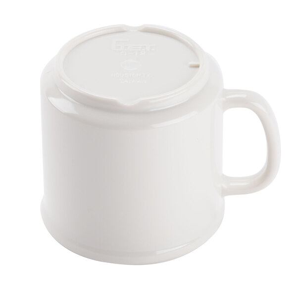 An ivory SAN plastic mug with a handle.