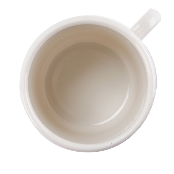 A white mug with a handle.