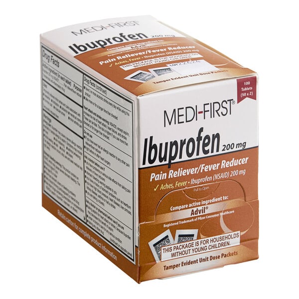 A box of Medi-First Ibuprofen 200 mg tablets containing 100 tablets.