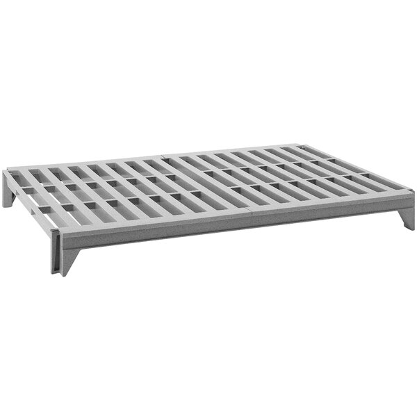 A grey metal shelf with vented metal grates for a Cambro Camshelving® Premium Series.