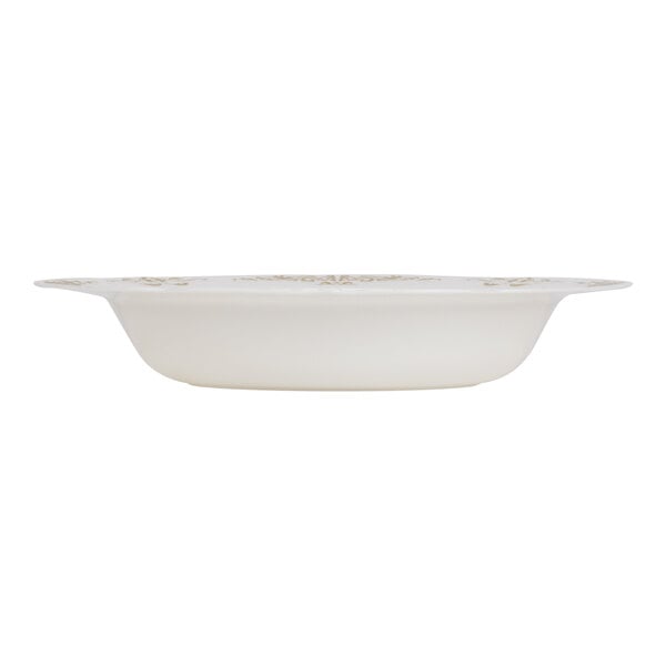 A shallow, round, ivory-colored bowl with a slightly flared rim and gold trim detail.