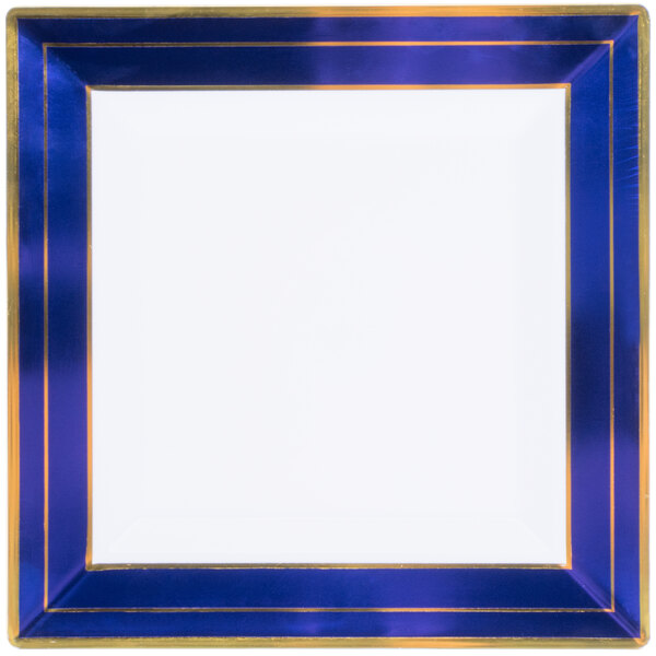 A white square plastic plate with a blue and gold square border.