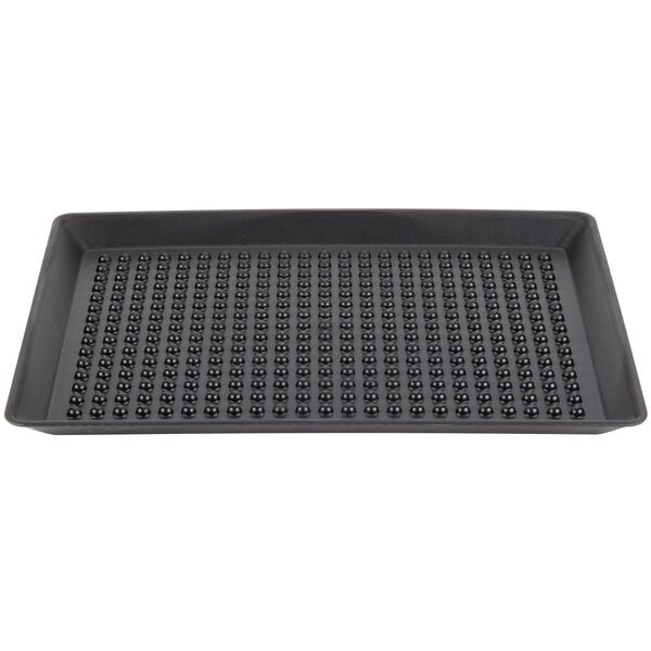 A black rectangular pizza tray with small holes.