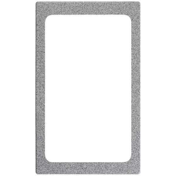 A rectangular silver frame with a white background and a white border with a white rectangular insert.