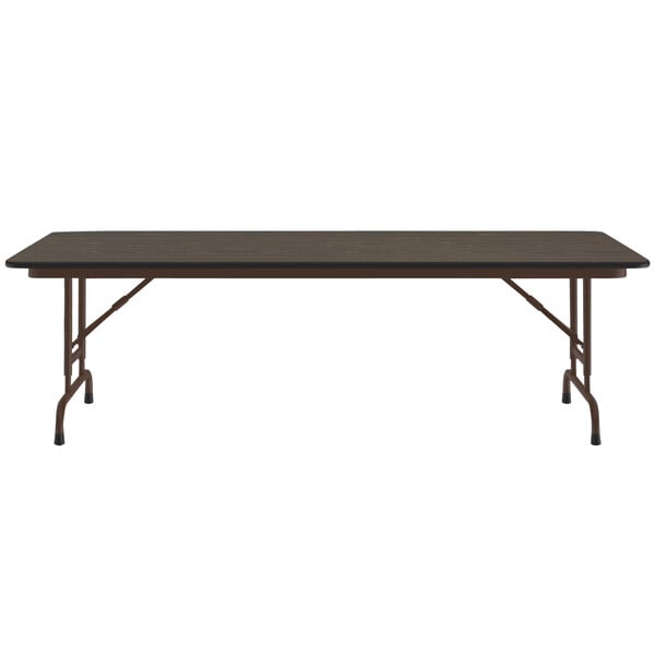 A walnut Correll folding table with a metal frame.