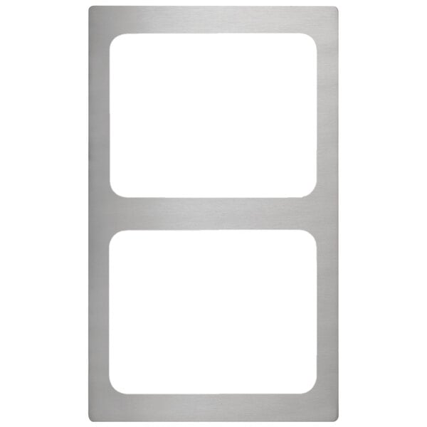 A stainless steel adapter plate with two rectangular slots.