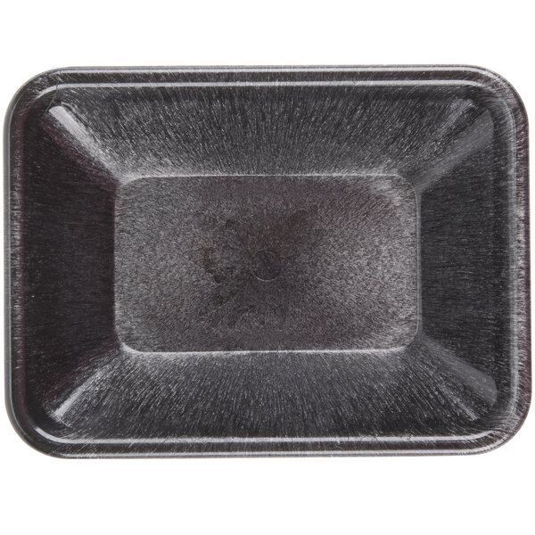 A grey rectangular polyethylene condiment server with a black rim.