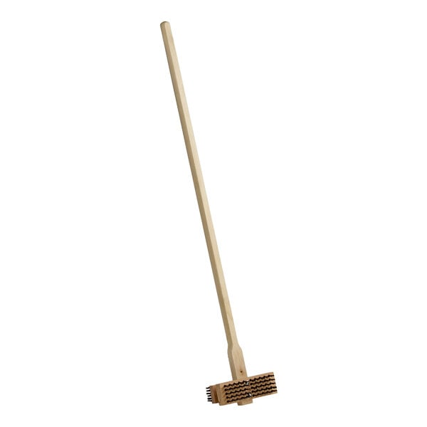 A long-handled double head broiler or grill cleaning brush with a wooden handle and metal bristles.