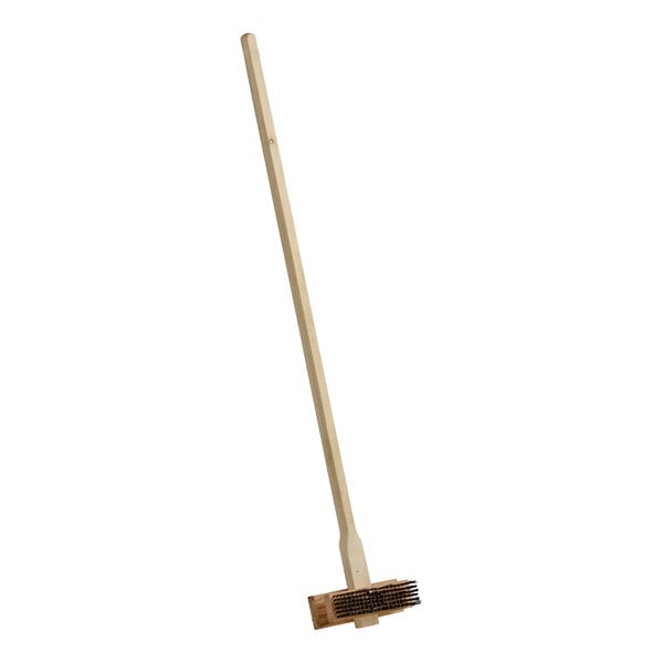 A long-handled double head broiler or grill cleaning brush with a wooden handle and metal bristles.