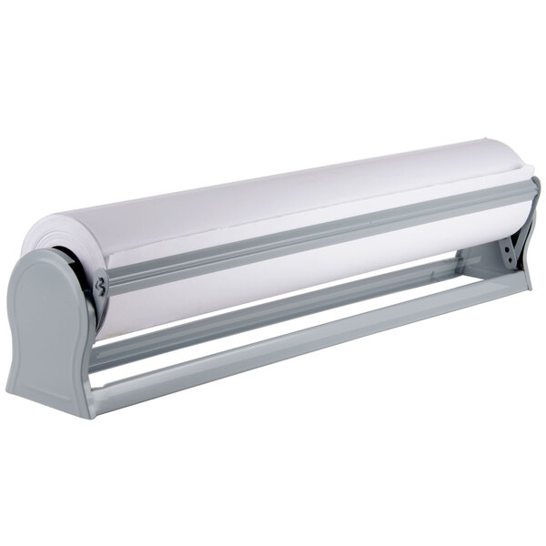 A gray Bulman steel paper dispenser holding a roll of paper.