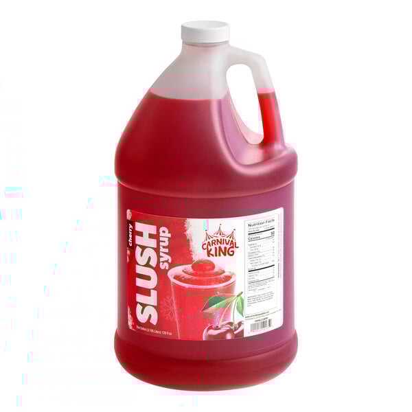 A one-gallon jug of Carnival King cherry slush syrup concentrate.