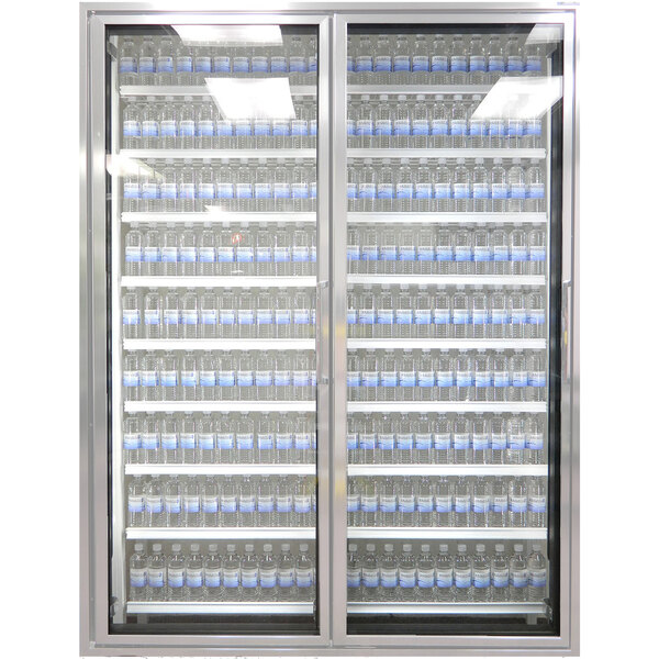 Styleline Classic Plus walk-in cooler merchandiser doors with shelving holding bottles of water.