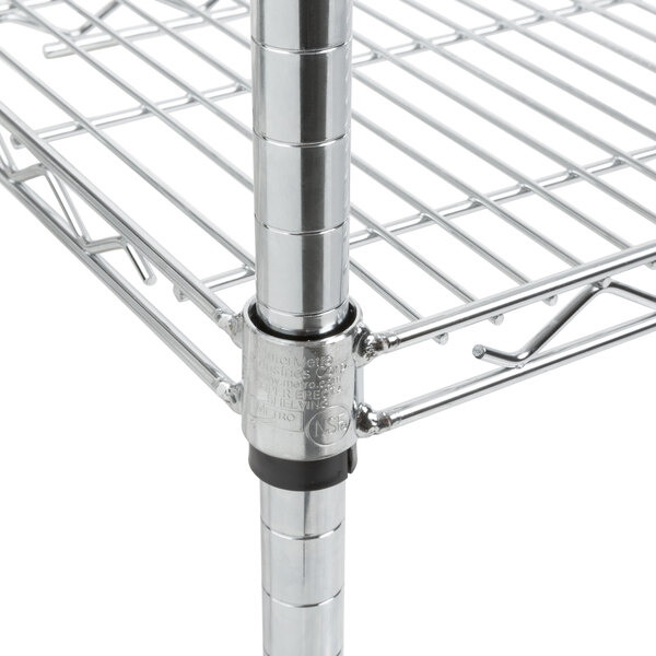 A stainless steel Metro wire shelf with metal poles.