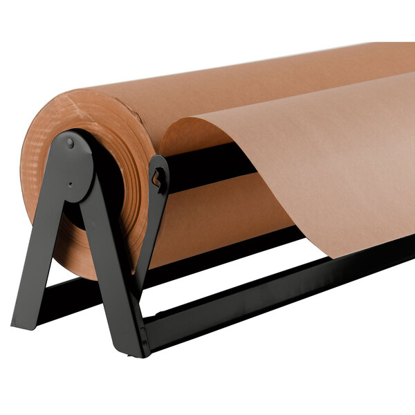 A Bulman black steel paper dispenser with a roll of brown paper on it.