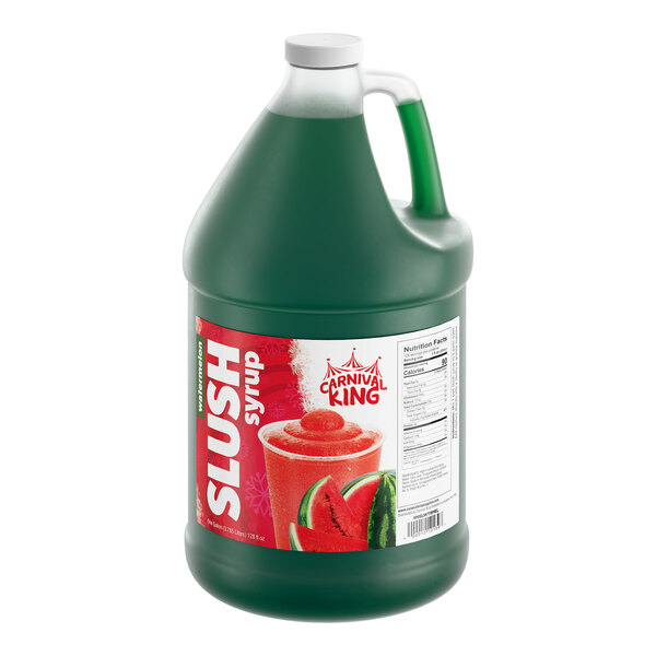 A one-gallon jug of Carnival King watermelon slush syrup concentrate.