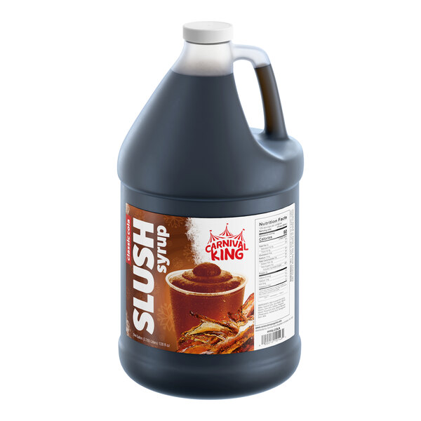 A one-gallon jug of Carnival King cola slush syrup concentrate.