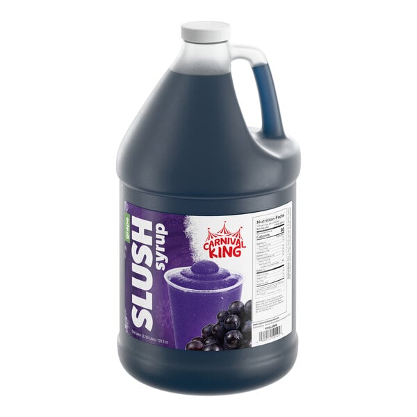 A one-gallon jug of Carnival King grape slush syrup concentrate.