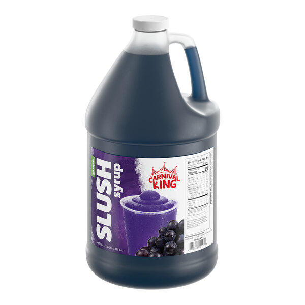 A one-gallon jug of Carnival King grape slush syrup concentrate.