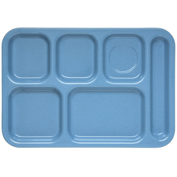 A blue tray with six rectangular compartments.