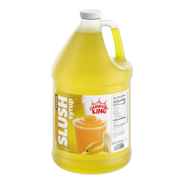 A one-gallon jug of Carnival King banana slush syrup concentrate.