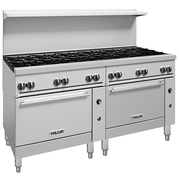 A large stainless steel Vulcan range with two standard ovens.