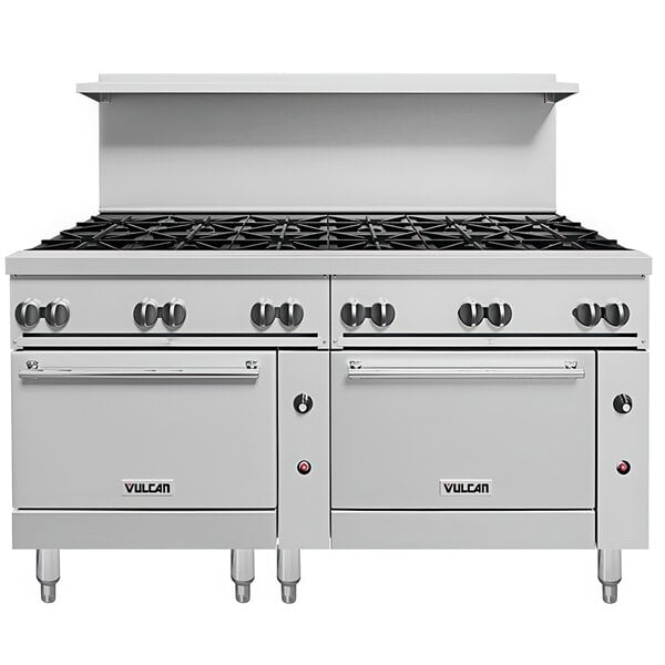 A white Vulcan Endurance natural gas range with black knobs.