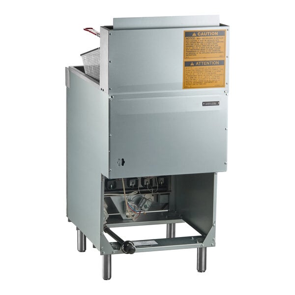 A commercial liquid propane floor fryer with a stainless steel exterior and a visible fryer basket.