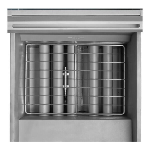 A commercial liquid propane floor fryer with a metal grate and multiple heating tubes.