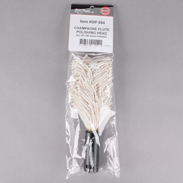 A white mop with a plastic handle.