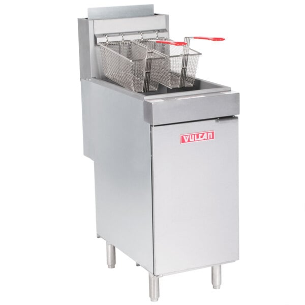 A Vulcan LG400-2 liquid propane floor fryer with two baskets.