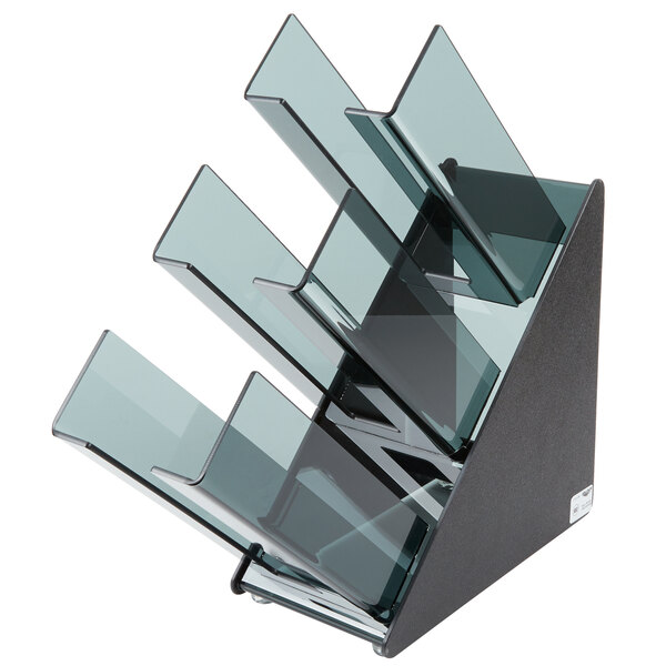 A black plastic Vollrath countertop cup and lid organizer with 3 slanted sections.