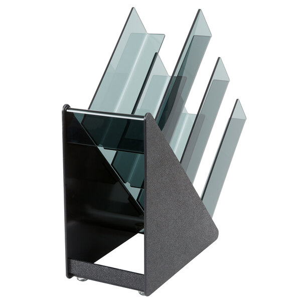 A black and grey metal Vollrath countertop cup and lid organizer.