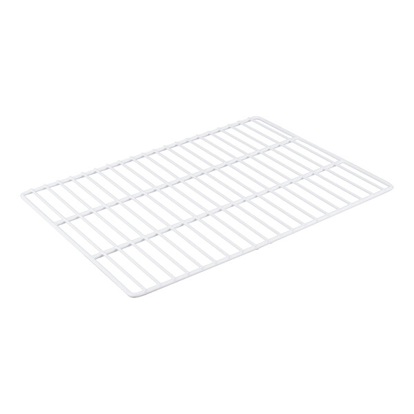 A white coated wire top shelf with a grid on it.