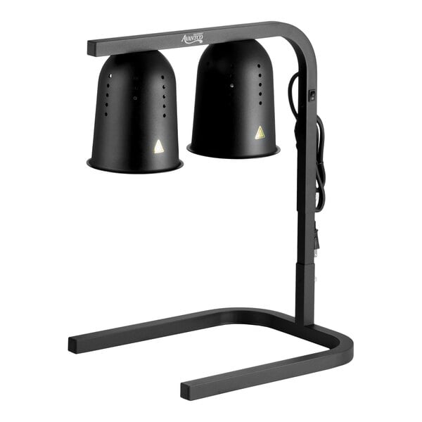 A black free-standing heat lamp with two bulbs designed for keeping food warm.
