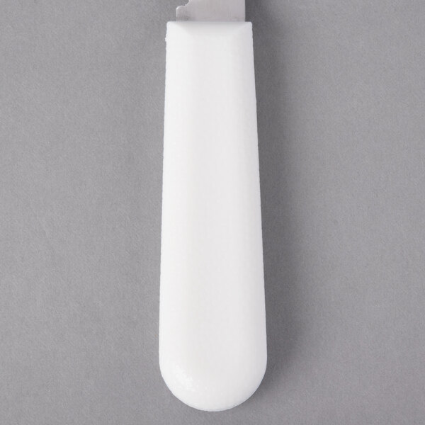 A Mercer Culinary stainless steel clam knife with a white textured poly handle.