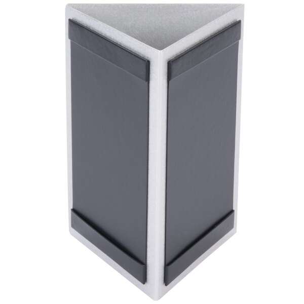 A black and white rectangular box with a white lid displaying a Menu Solutions Alumitique menu displayette with top and bottom strips.