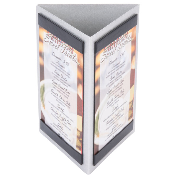 A brushed aluminum Menu Solutions triple view menu displayette with top and bottom black strips holding a menu card.