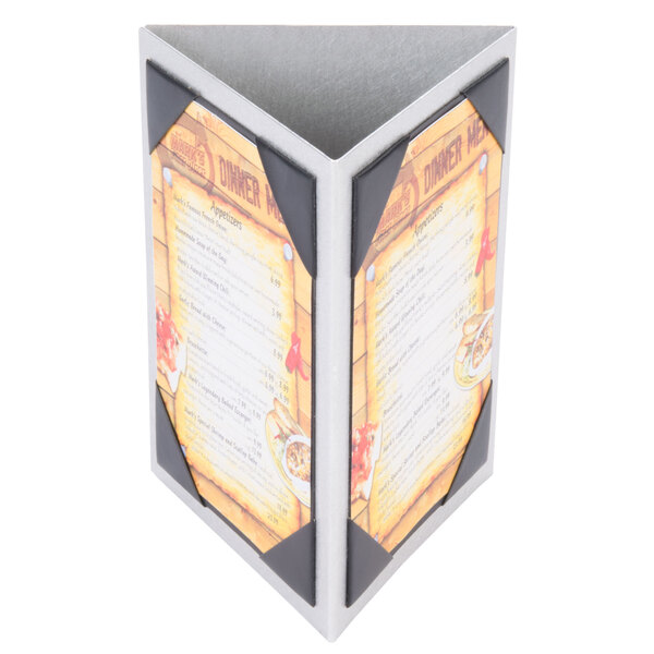 A rectangular brushed aluminum Menu Solutions displayette with a menu and picture corners.