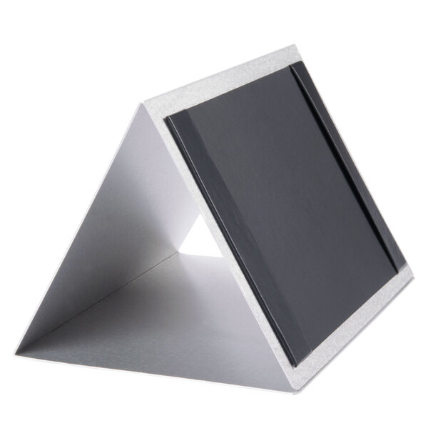 A Menu Solutions brushed aluminum triple view displayette with black top and bottom strips on a white surface.