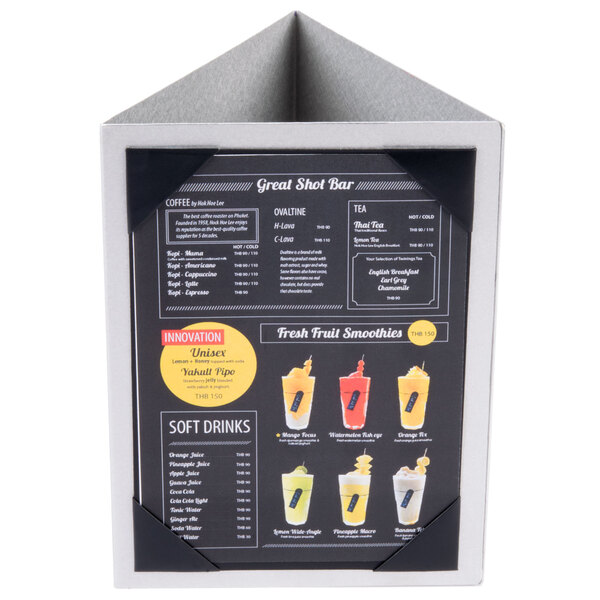A brushed aluminum Menu Solutions triple view menu displayette with a menu for drinks.