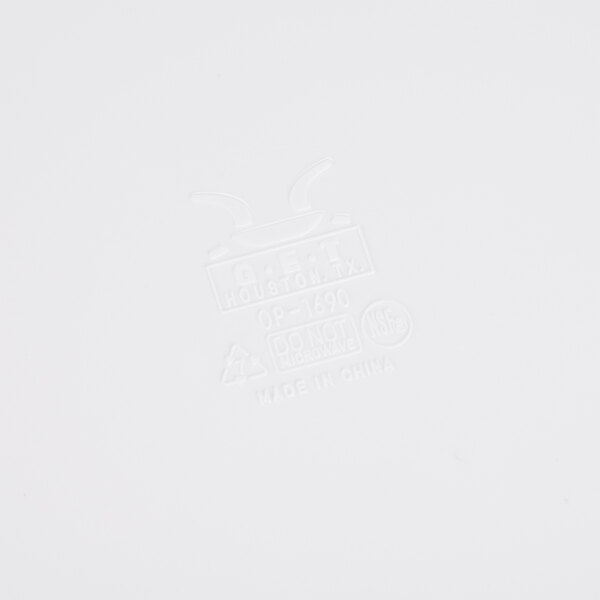 A close-up of a white oval melamine platter with embossed text.