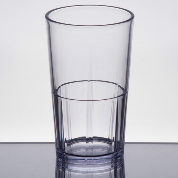 A clear plastic tumbler with a clear rim.