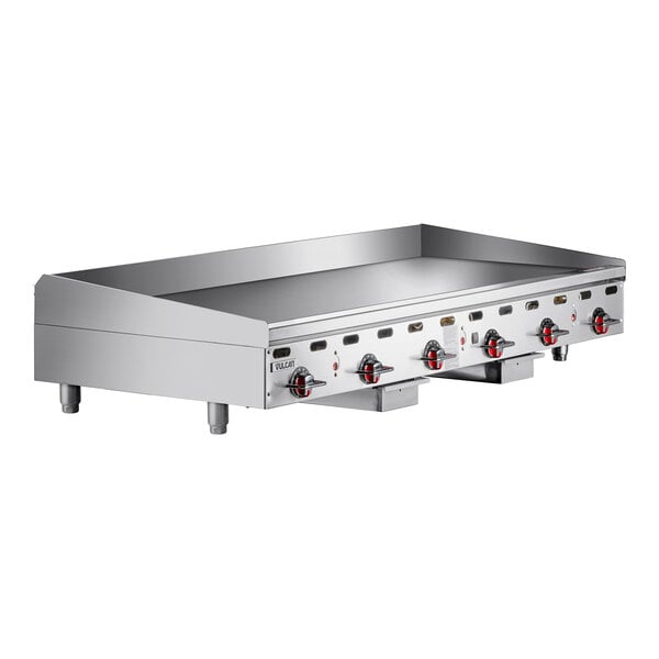 A large stainless steel countertop natural gas griddle with multiple control knobs and raised sides.